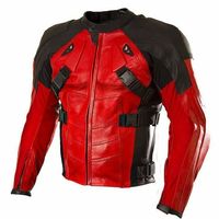 Men's Red Black Motor Biker Cowhide Custom Genuine Leather Safety Pads Jacket - Thumbnail 4