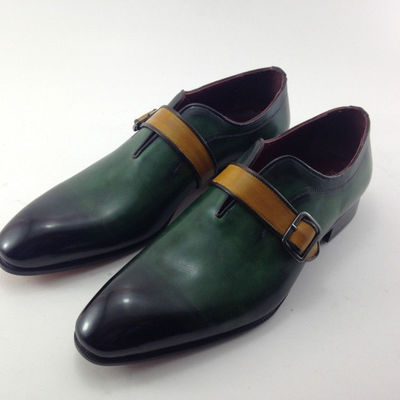 Men's monk strap shoes, men's green leather dress shoes - Thumbnail 2