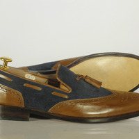 Men's Two Tone Leather Suede Wing Tip Tussles Moccasin Shoe  - Thumbnail 2