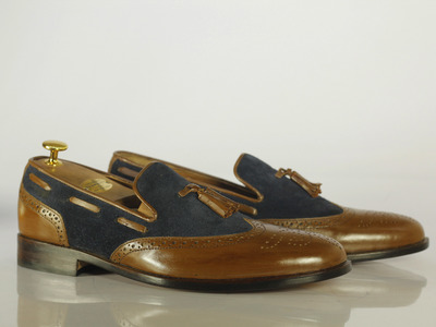 Men's Two Tone Leather Suede Wing Tip Tussles Moccasin Shoe 