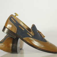 Men's Two Tone Leather Suede Wing Tip Tussles Moccasin Shoe  - Thumbnail 1