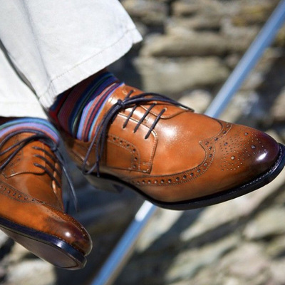 Latest handmade two tone brown wing tip oxford formal office shoes in genuine leather for decent personality