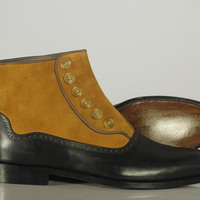 Men's Black & Tan Leather Suede Button Top Boot  - Thumbnail 2
