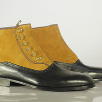 Men's Black & Tan Leather Suede Button Top Boot  - Thumbnail 1