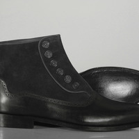 Men's Black Leather Suede Button Top Boot  - Thumbnail 2