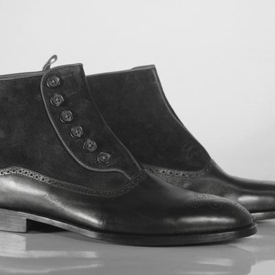 Men's black leather suede button top boot 