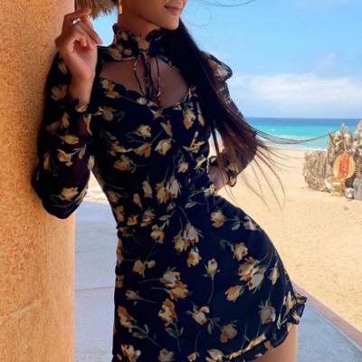 Long-sleeved high-necked women's bag hip dress