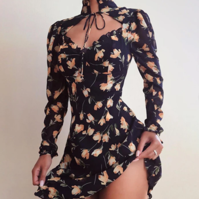 Long-sleeved high-necked women's bag hip dress