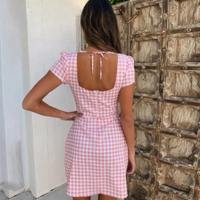 Women's short sleeve buttoned slim plaid dress