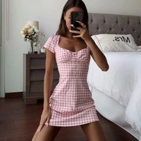 Women's Short Sleeve Buttoned Slim Plaid Dress - Thumbnail 2