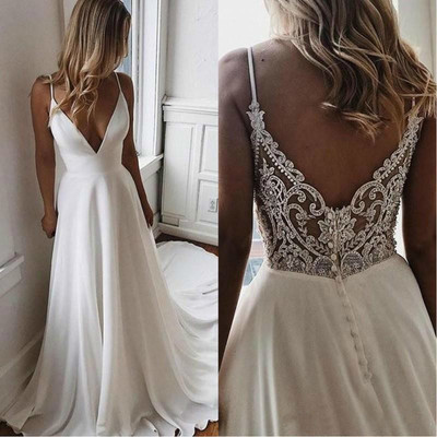 Simple v neck chiffon a line boho beach wedding dresses beaded applique formal bridal gowns,502