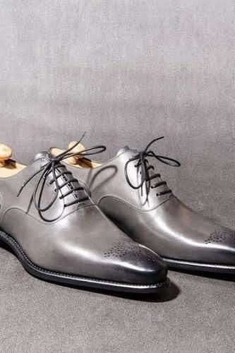 Men Double Tone Fulll Brogue Narrow Toe Gray Leather Formal Handmade Shoes