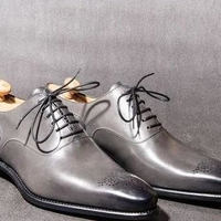 Men Double Tone Fulll Brogue Narrow Toe Gray Leather Formal Handmade Shoes - Thumbnail 1