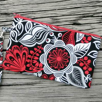 Red, black, and grey flower wristlet