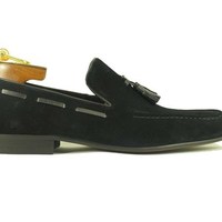 Men's Handmade Black Color Suede Tassel Loafers, Men's Suede Tassel Shoes - Thumbnail 1