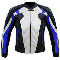Three Tone Color Men Black White Blue Motorcycle Real Leather Safety Pads jacket - Thumbnail 1