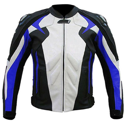 Three Tone Color Men Black White Blue Motorcycle Real Leather Safety Pads jacket