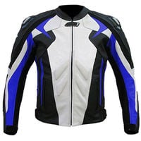 Three Tone Color Men Black White Blue Motorcycle Real Leather Safety Pads jacket - Thumbnail 4