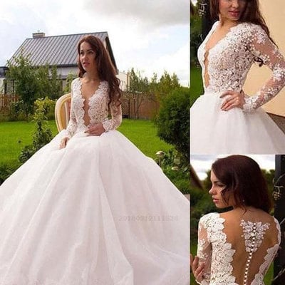 Deep v neck wedding dresses bridal gown with appliques lace - Thumbnail 5