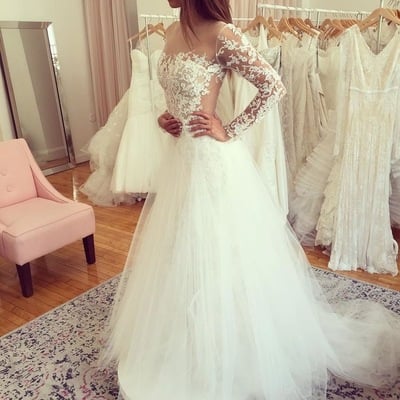 Sheer neck wedding dresses bridal gown with lace - Thumbnail 3