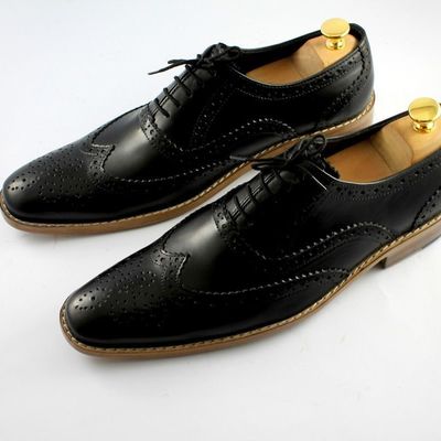 Men's black wing tip formal leather lace up dress shoes  - Thumbnail 3