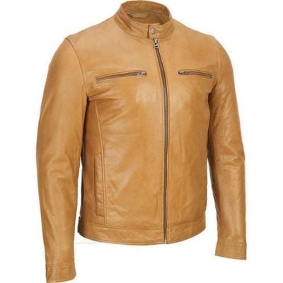 Handmade men's style tan color bomber leather jacket, men fashion tan color jacket - Thumbnail 3