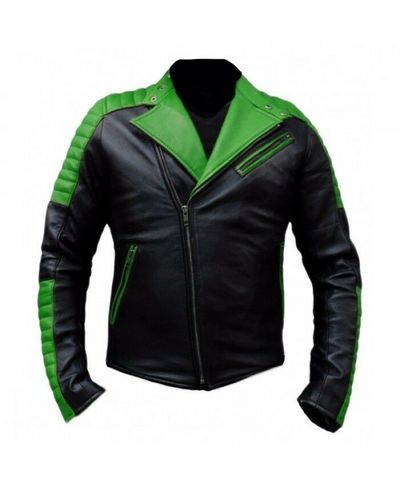 Men's Two Tone Black Green Contrast Motorcycle Padded Vintage Leather Jacket