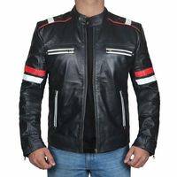 Men's Black Genuine Leather Fashion Replica Red White Striped Motorbike Jacket - Thumbnail 1