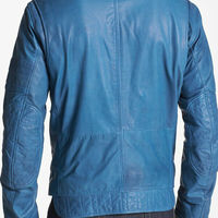 Men's Light Blue Biker Slim Fit Tab Collar Genuine Leather Handcrafted Jacket - Thumbnail 2