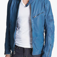 Men's Light Blue Biker Slim Fit Tab Collar Genuine Leather Handcrafted Jacket - Thumbnail 4