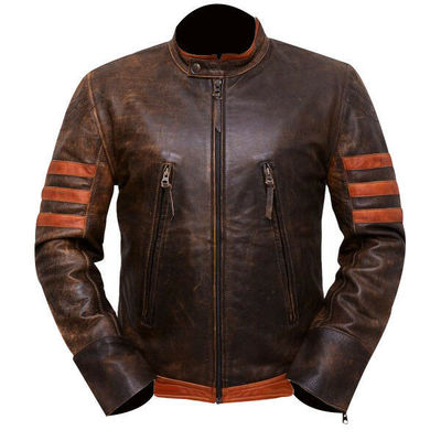 Men's distressed brown fashion replica motorbike slim fit genuine leather jacket