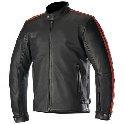 Mens black color motorcycle genuine leather tab collar biker red striped jacket