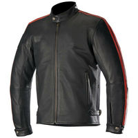 Mens Black Color Motorcycle Genuine Leather Tab Collar Biker Red Striped Jacket - Thumbnail 2