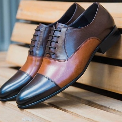 Handmade men's casual shoes, men's black & brown leather cap toe lace up shoes