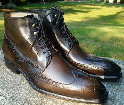 Handmade Men Brown Wing Tip Brogue Ankle Boot, Men Leather Designer Fashion Boot