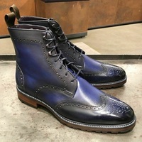 Handmade Men Blue Wing Tip Brogue Ankle Boots, Men Leather Designer Fashion Boot - Thumbnail 1