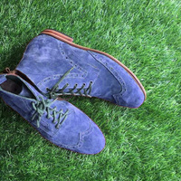 Men Blue Suede Oxfords Wingtip Beautiful Finishing Handmade Lace Up Ankle Boot - Thumbnail 4