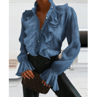 Solid Color Cardigan Ruffled Long Sleeve Shirt - Thumbnail 1