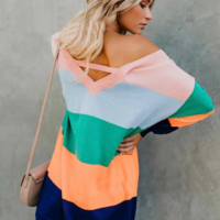 Sexy Striped Backless Off-Shoulder Sweater - Thumbnail 2