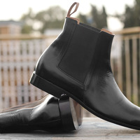 Men's Black Leather Boots, Chelsea Ankle Boots  - Thumbnail 1
