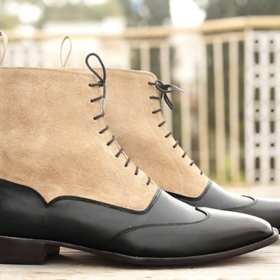 Men's black & beige leather boots, chelsea ankle boot