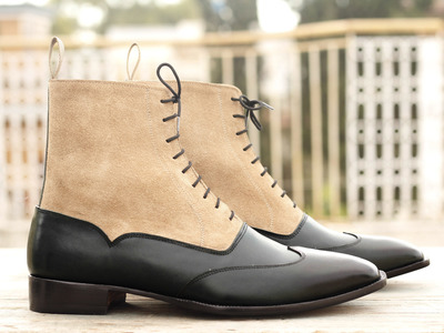 Men's Black & Beige Leather Boots, Chelsea Ankle Boot