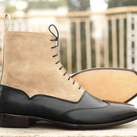 Men's Black & Beige Leather Boots, Chelsea Ankle Boot - Thumbnail 2