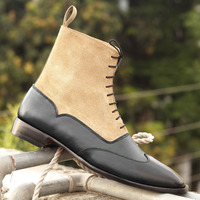 Men's Black & Beige Leather Boots, Chelsea Ankle Boot - Thumbnail 1