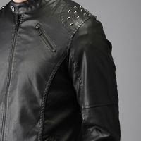 Men's Black Biker Tab Collar Genuine Leather Silver Studded Shoulder Slim Jacket - Thumbnail 4