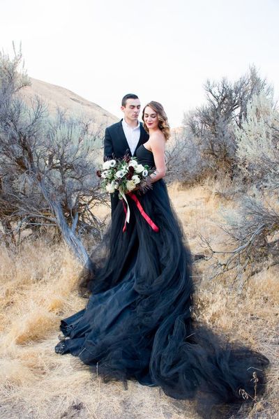 Black Wedding Dress, Strapless Tulle Wedding Dresses Bridal Dress, Unique Wedding Gown Bridal Gown