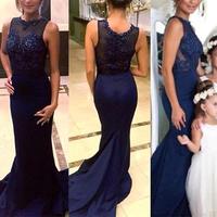 Navy Mermaid Satin Lace Bridesmaid Dresses,2020 Wedding Party Dresses - Thumbnail 1