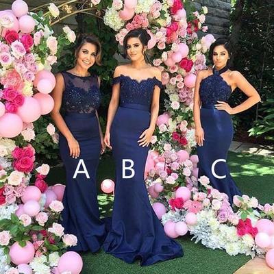 Navy Mermaid Satin Lace Bridesmaid Dresses,2020 Wedding Party Dresses