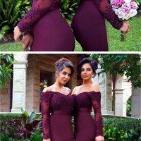Mermaid Off the Shoulder Long Sleeves Burgundy Lace Bridesmaid Dresses - Thumbnail 1