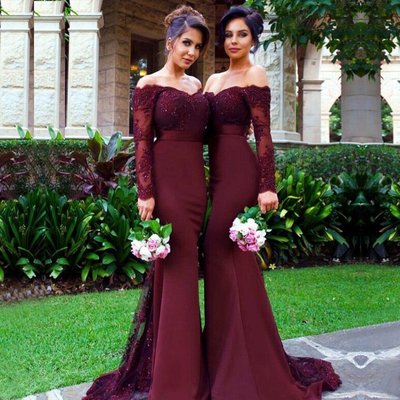 Mermaid Off the Shoulder Long Sleeves Burgundy Lace Bridesmaid Dresses